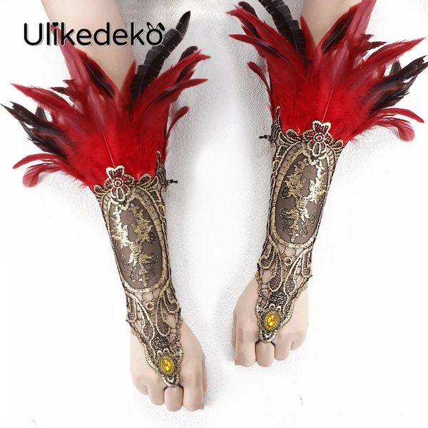 Beş Parmak Eldiven 2 PCS Dantel Tüy Bilek Kelikleri Rave Steampunk Gotik Eldiven Kollu Brezilya Karnaval Partisi Cosplay Showgirl Sahne Aksesuarları 231114