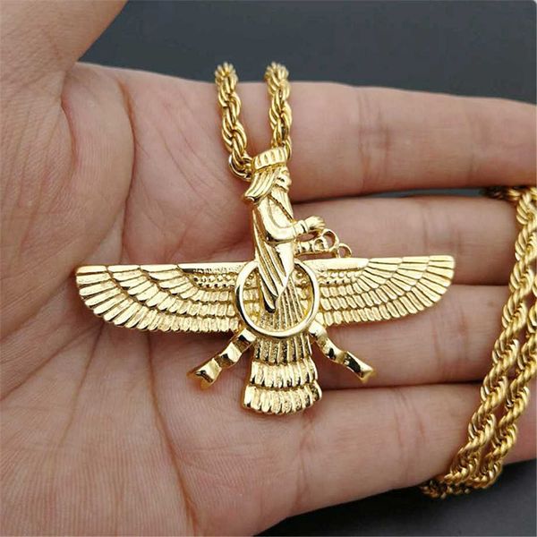 Kolye Kolyeleri Yeni Erkekler Hip Hop İran Faravahar Ahurda Mazda Zoroastrian Kolye Kolye Altın Renk Paslanmaz Çelik Erkek Takı T230413