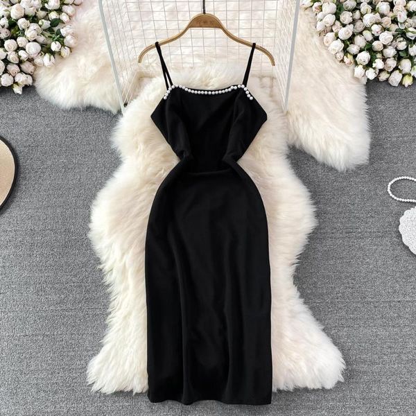 Vestidos casuais vestido preto vestido hepburn estilo senhoras suspensa de tubo de miçanga mulher fino fit sem mangas backless slit joelho verão