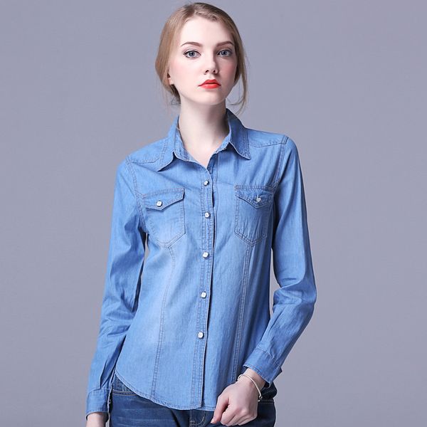 Camicette da donna Camicie BYUAN Camicetta e camicie da donna Top in denim di cotone blu Camicetta a maniche lunghe autunnale Colletto rovesciato Camicette da donna taglie forti 230414