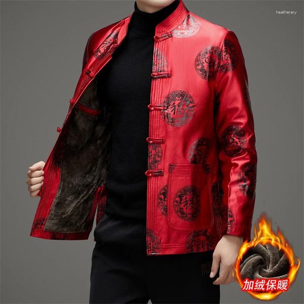 Roupas étnicas Tradicional Chinês para Homens Ano Hanfu Tang Terno KungFu Impresso Cetim Velo Inverno Algodão-Acolchoado Casaco