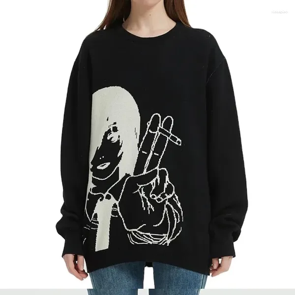 Suéteres femininos mulheres harajuku cartoon menina fumando jacquard retro em torno do pescoço pulôver suéter padrão de malha quente solto oversized