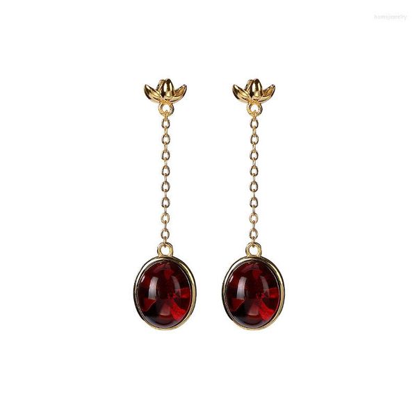 Dangle Küpe 925 Sterling Gümüş Altın Kaplamalı Doğal Kan Amber Stud Retro Kişiselleştirilmiş Çiçek Uzun Küpe Kolye Bayanlar İçin