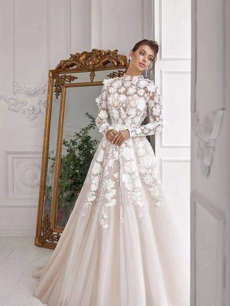 Vestidos de casamento longos de luxo, gola alta com apliques de renda, mangas completas, vestidos de noiva linha a, trem de varredura