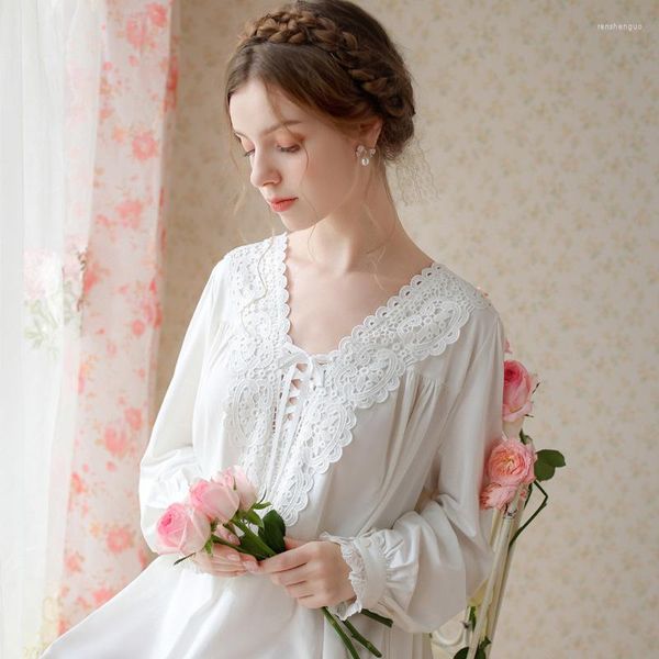 Damen Nachtwäsche Vintage Baumwolle Nachtkleid Damen Fee Weiß Langarm Sexy Spitze V-Ausschnitt Lose Peignoir Prinzessin Viktorianische Nachthemden
