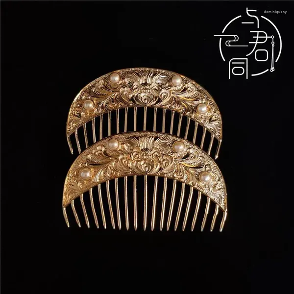 Grampos de cabelo dourado peônia padrão pente estilo senhora figura headwear dunhuang doador casamento