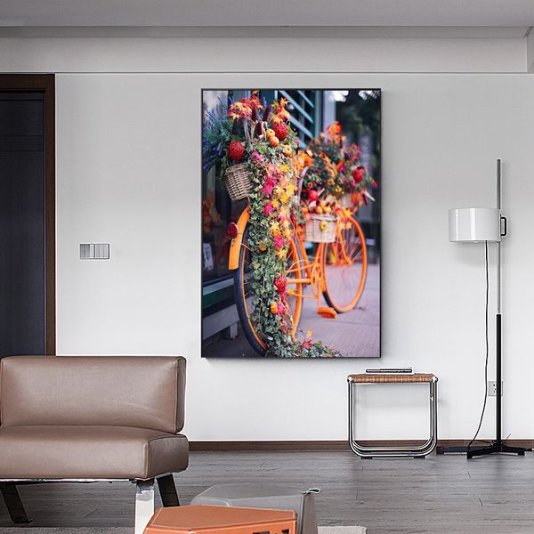 Pintura de tela de bicicleta de laranja abstrata decorada com flores pôsteres nórdicos e impressões de arte de parede para decoração de casa