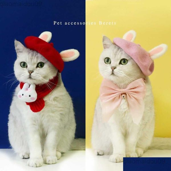 Gato trajes trajes de gato bonito traje de natal acessório de cabelo po adereços feriado animal de estimação chapéu rosa coelho orelha cão vermelho boina lã bandana b dhodh