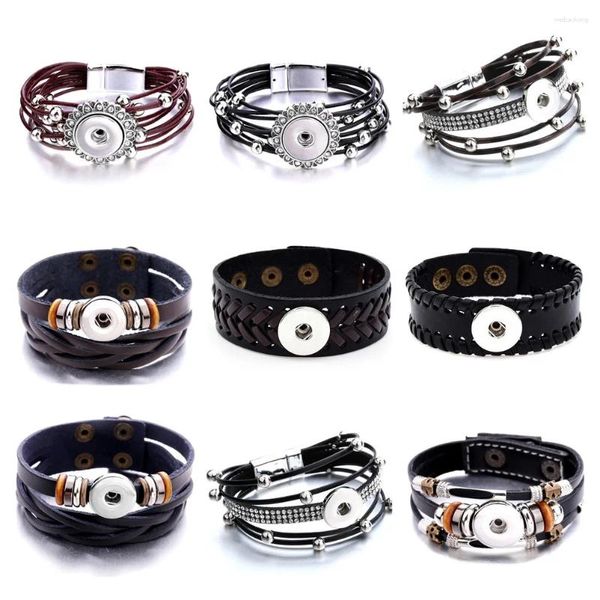 Bangle 10pcs 18mm Snap Button Jóias Pulseiras Trançadas Pulseira de Couro Preto Fit Snaps Ímã Fivela Bracele