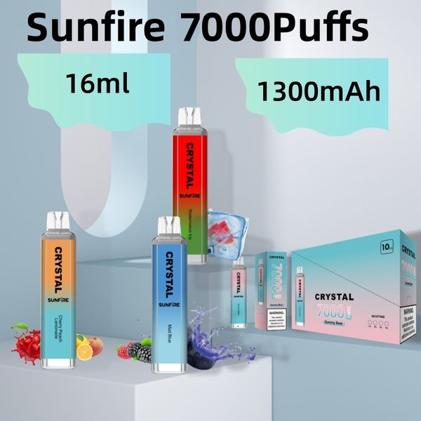 Original Sunfire Crystal Bar 7000 8000 9000 10000 Puffs Einweg -Vape -E -Zigaretten mit LED -Bildschirmanzeige 1300 mAh Batterie 16 ml Schoten Puff 10k 9k 9k 0% 2% 5% Salz Salz
