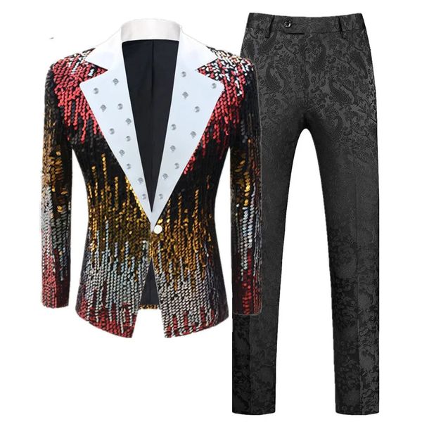 Ternos masculinos blazers moda cantor anfitrião palco desempenho lantejoulas terno 2 peças 2023 masculino bar ktv luxo splice vestido conjunto 231113