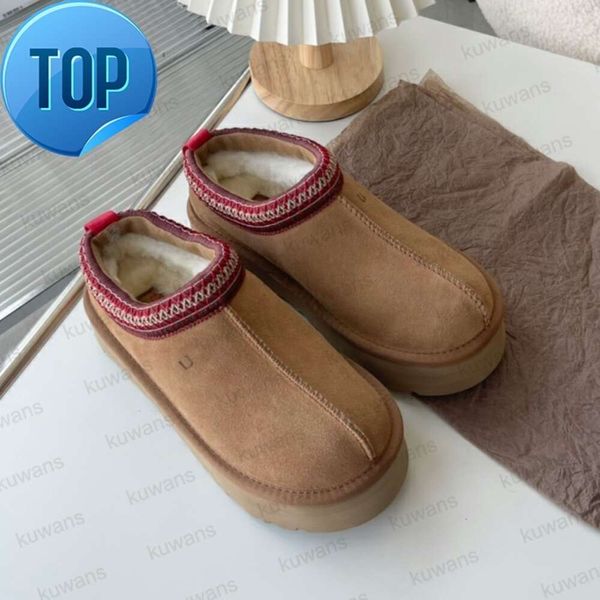 Tazz-Hausschuhe für Damen, Tasman-Pelz-Slides, klassischer Ultra-Mini-Plateaustiefel, Senfkorn-Slipper, Les Petites, Wildleder-Wollmischung, Komfort-Perücke