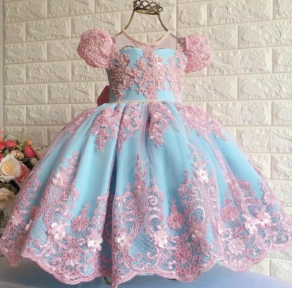 Mädchen Kleider Luxus Blaue Blume Rosa Spitze Applizierte Geburtstag Festzug Kleider Mit Schleife Perlen Perlen Kinder Hochzeit Party Kleid