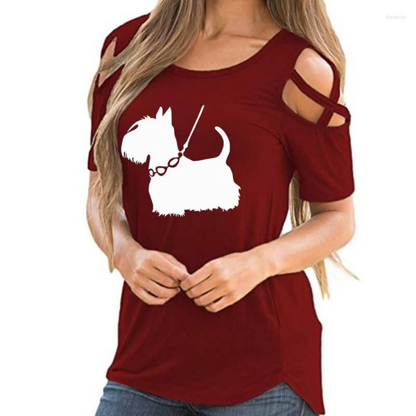 Camisetas femininas fofas cães schnauzez desenho animado impressão feminina camiseta de verão amante animal presente cruzado fora ombro tshirt femme tops para