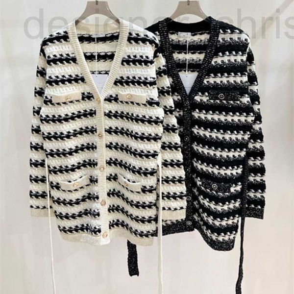 Kadın Sweaters Designer Lüks Moda Yüksek Baskı 23 Sonbahar/Kış Yeni V yaka altın iplik şerit örgü uzun hırka üst n07Q