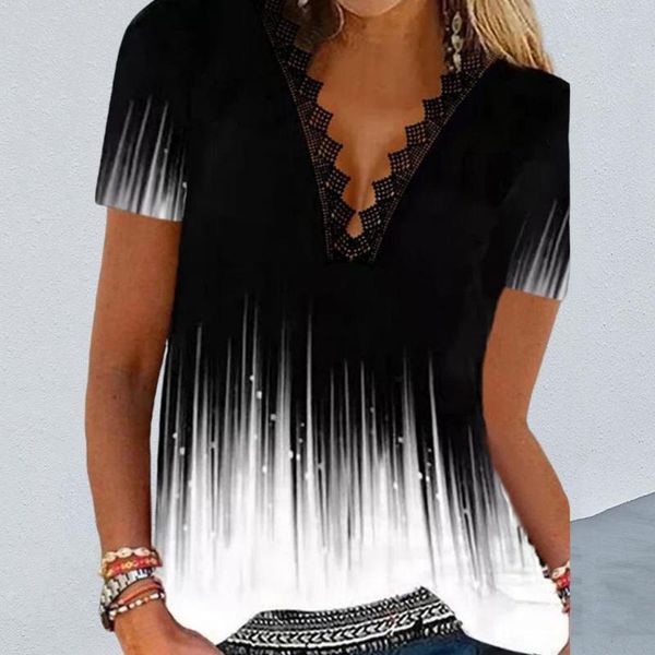 Camicette da donna Moda Casual Top T-shirt sottile Elastico Colletto con cuciture in pizzo T-shirt che assorbe il sudore