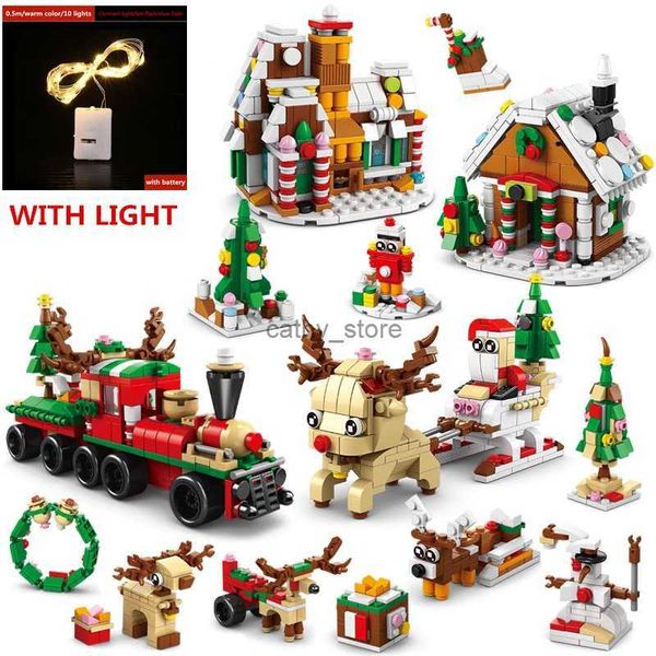 Veículo brinquedos atualizados série de natal blocos de construção conjunto com luz quente criativo elk trem casa diy tijolos modelo brinquedos para crianças presentes natall231114