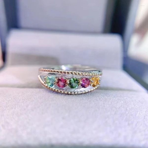 Cluster Rings Multi-color Tourmaline Silver Ring Total 0.5ct 3mm Natural 925 Gemstone Jewelry With 18K Gold Plating