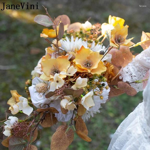 Düğün Çiçekleri Janevini Vintage Sonbahar Sarı Gelin Buketleri Fleurs Soie Fleur Articielle Mariage Sonbahar Gelin Çiçeği