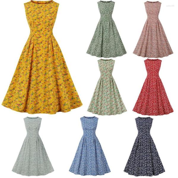 Vestidos casuais Mulheres vestido floral vintage com bolsos Rockabilly Cocktail Party 1950s 40s Swing Summer Summer sem mangas