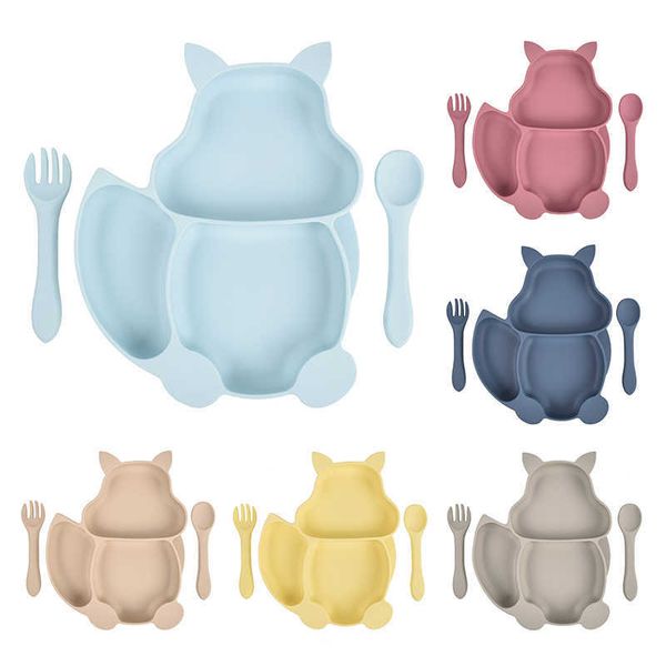 Copos pratos utensils alimentos grau de silicone para bebês conjunto de tabela de mesa de mesa infantil esquilo forte sucção forte não deslizamento spoon garfo de crianças pratos aa230413