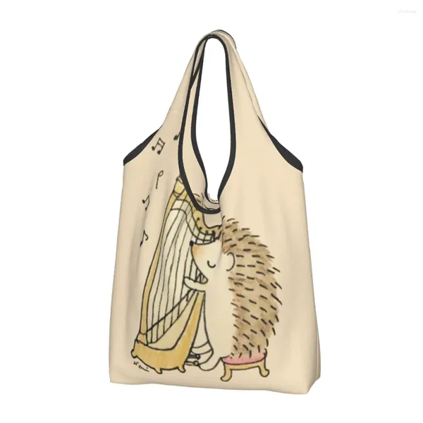 Einkaufstaschen, Motiv: Hedgehog Playing Harp, Damen-Umhängetasche, große Kapazität, tragbare Aufbewahrung, faltbare Handtaschen