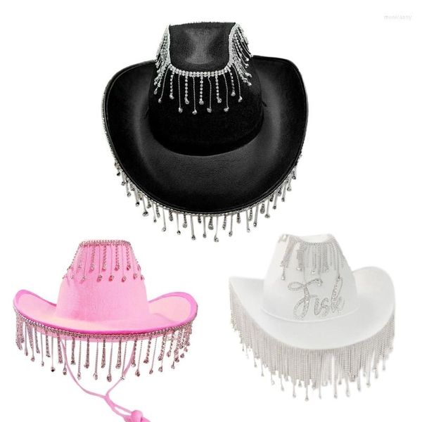 Berretti 50JB Cappello da Cowgirl Strass Nappa Lucida Rave Cappelli da discoteca per Halloween Dress Up Cosplay Accessori per costumi da festa