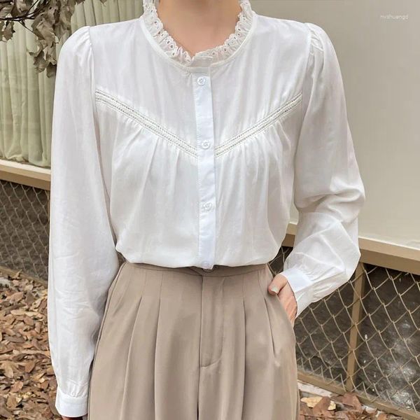 Женские блузки 2023, осенняя рубашка с воротником-стойкой, блузка с длинными рукавами, базовые белые рубашки с деревянным краем и женские топы
