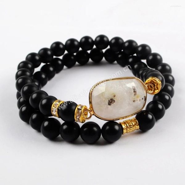 Strang 2 Stück Naturstein schwarze Achat Perlen Armband Reiki Kristall Quarz Wickelarmbänder für Frauen Boho Schmuck Zubehör