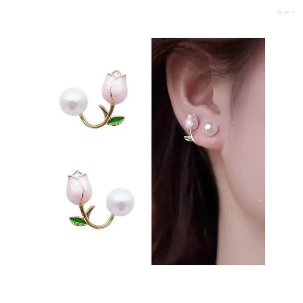 Brincos de balanço 1 par tulipa rosa para mulheres Design sensor de personalidade usando joias de moda coreanas de brejão de pérolas