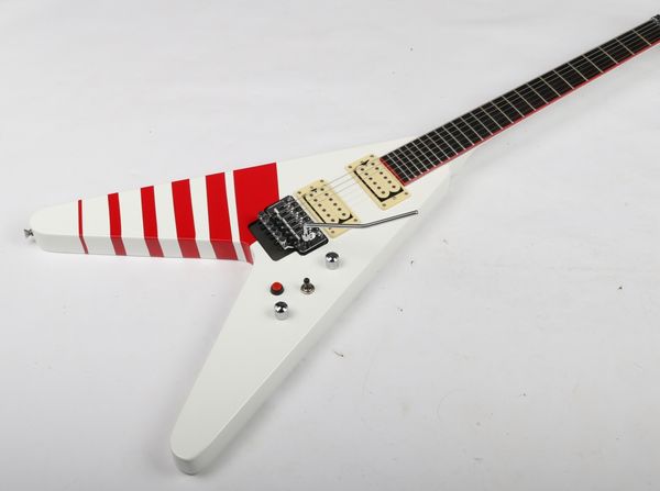 Raro Jack Buckethead KFC Branco V Guitarra Elétrica Floyd Rose Tremolo Bridge Whammy Bar, Botão Vermelho Kill Switch, Encadernação de Pescoço Vermelho