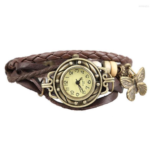 Начатые часы Ly Женщины ретро браслет для запястья часы для плетения плетения искусственная кожаная бабочка.