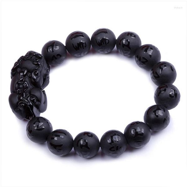 Strand Schmuck Schwarz Echte Naturstein Armbänder Sechs Wort Obsidian Design Pi Xiu Kristall Runde Perle Frau Männer