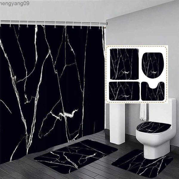 Duş Perdeleri Siyah Mermer Duş Perdesi Set Beyaz Çizgiler Çatlak Desen Modern Geometrik Banyo Dekoru Halı Banyo Mats Tuvalet Kapağı R231114