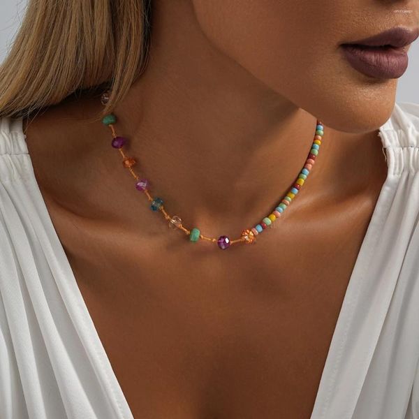 Gargantilha criativa colorida pedra de cristal arroz grânulo colar para mulheres personalizado pescoço corrente clavícula jóias atacado