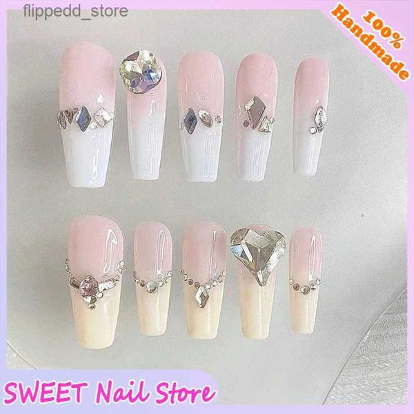 Kunstnagels Roze nagel Lang acryl Druk op nepnagels Volledige dekking Kunstmatige draagbare nagel Schoonheidstips Diamant Franse kunstnagels Art Q231114