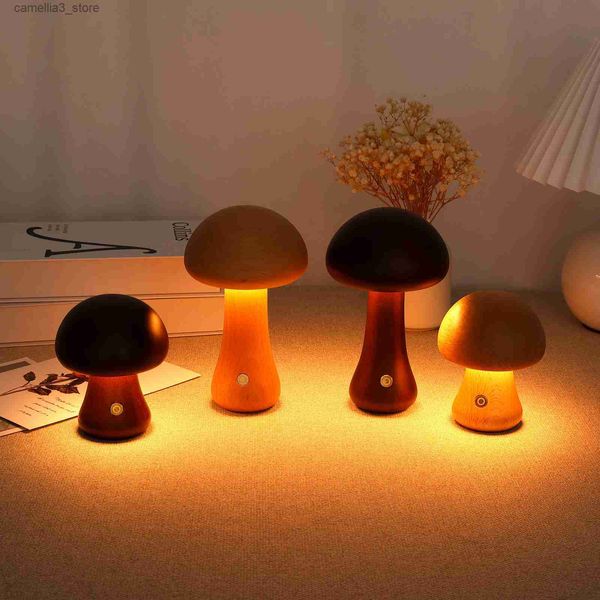 Luzes da noite Candeeiro de mesa de cogumelo de madeira Luz noturna USB recarregável bonito cogumelo toque lâmpada regulável lâmpada de cabeceira para crianças adultos presente Q231114