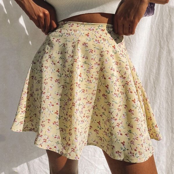 Юбки летняя женская юбка с цветочным принтом с цветочным принтом с высокой талией мини -юбка Женская невидимая шифоновая печать на молнии