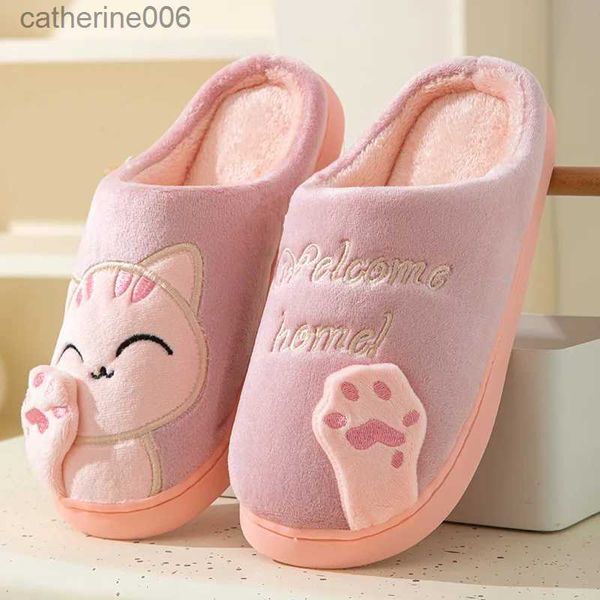 Chinelo quente macio chinelos de pele mulheres inverno dos desenhos animados gato padrão homens pele bonito dos desenhos animados quente curto pelúcia casal sapatos velo apartamentos 2024l231114