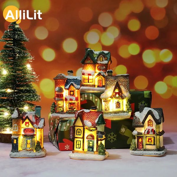 Decorazioni natalizie Decorazione 2024 anni Luce notturna LED Luminoso Casa di neve Scultura Casa Artigianato in resina Regalo di Natale per bambini 231113