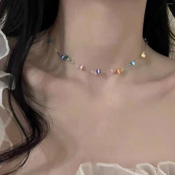 Anhänger Halsketten Weibliche Transparente Angelschnur Halskette Unsichtbare Kette Bunte Perle Frauen Choker Schmuck Geschenk