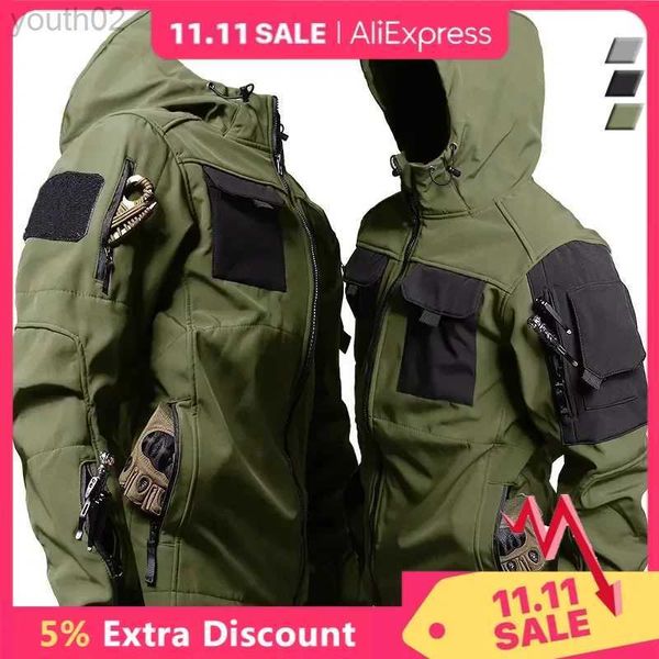 Jaquetas Masculinas Jaquetas Táticas de Pele de Tubarão Homens Militares Soft Shell Impermeável Jaqueta Com Capuz À Prova de Vento Ao Ar Livre Uniformes Funcionais Multi-bolsos ZLN231114