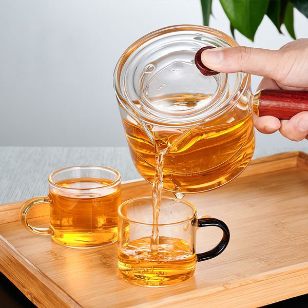 Drinkware Processing kundenspezifische Teekanne mit hohem Borosilikatglas-Seitengriff. Teeglas-Teeservice