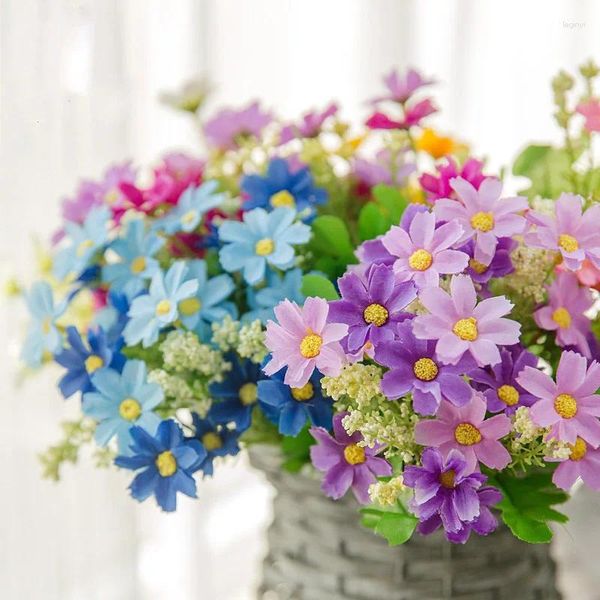 Flores decorativas vendendo 1 peça/arte floral nórdica 28 cabeças azul orquídea margarida 7 garfo flor artificial seda falsa flor