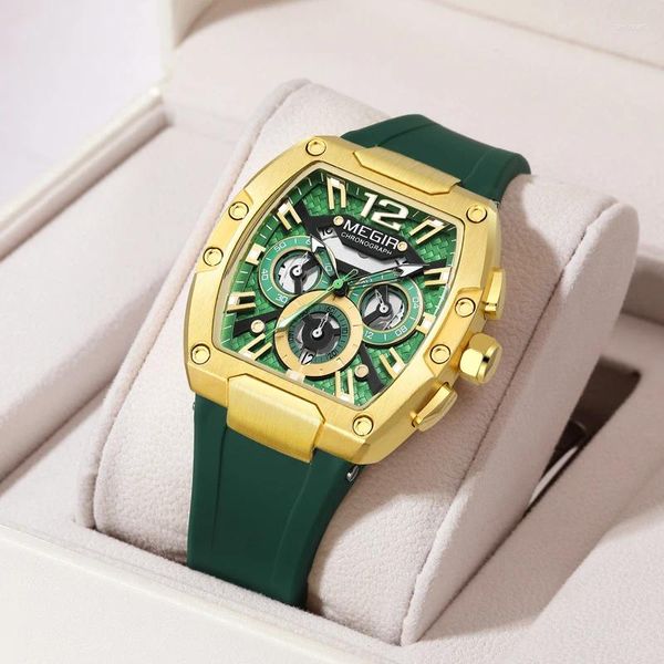 Orologi da polso Megir Fashion Multifunzionale Tre occhi Dialga Verde Silicone Cintino in Gold Luxuria Gold Gold Guarda Waterproof 2023 RELOJ HOMBRE