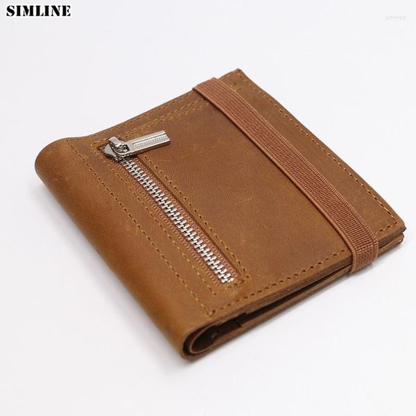 Carteiras carteira de couro genuíno para homens Marca vintage artesanal bifold bifold pequeno slim burse titular com bolsa de bolso de moeda com zíper