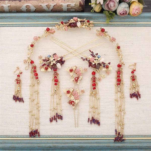 Grampos de cabelo da noiva do vintage chinês borlas hairpins feminino headdress cheongsam passo coronet define jóias de casamento