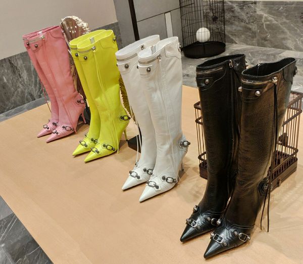 Yeni en kaliteli lüks tasarımcı modern diz botları zip kadın ince topuk metal perçin dekor sivri ayak parmağı uzun botlar gerçek deri chelsea botlar botas motosiklet botları