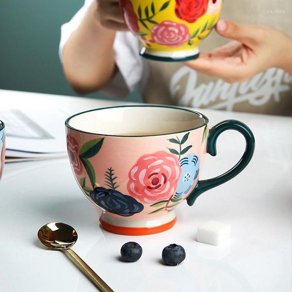 Tazze Tazza in ceramica con fiore rosa dipinta a mano Maniglia Ragazza carina Tazza da tè Acqua Colazione Latte Caffè Regalo fantastico per un amico
