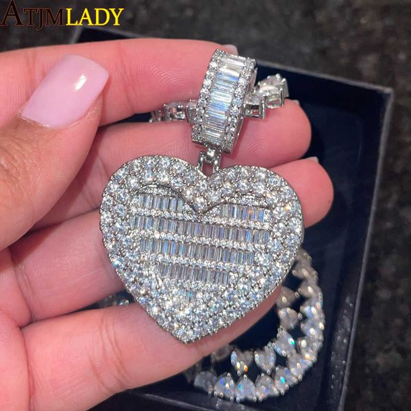 Kolye kolyeleri yeni açılabilir kalp şeklindeki fotoğraf kolye kolye buzlu bling kalpler zincir kübik zirkonia cazibesi moda kadın erkek mücevherler t230413